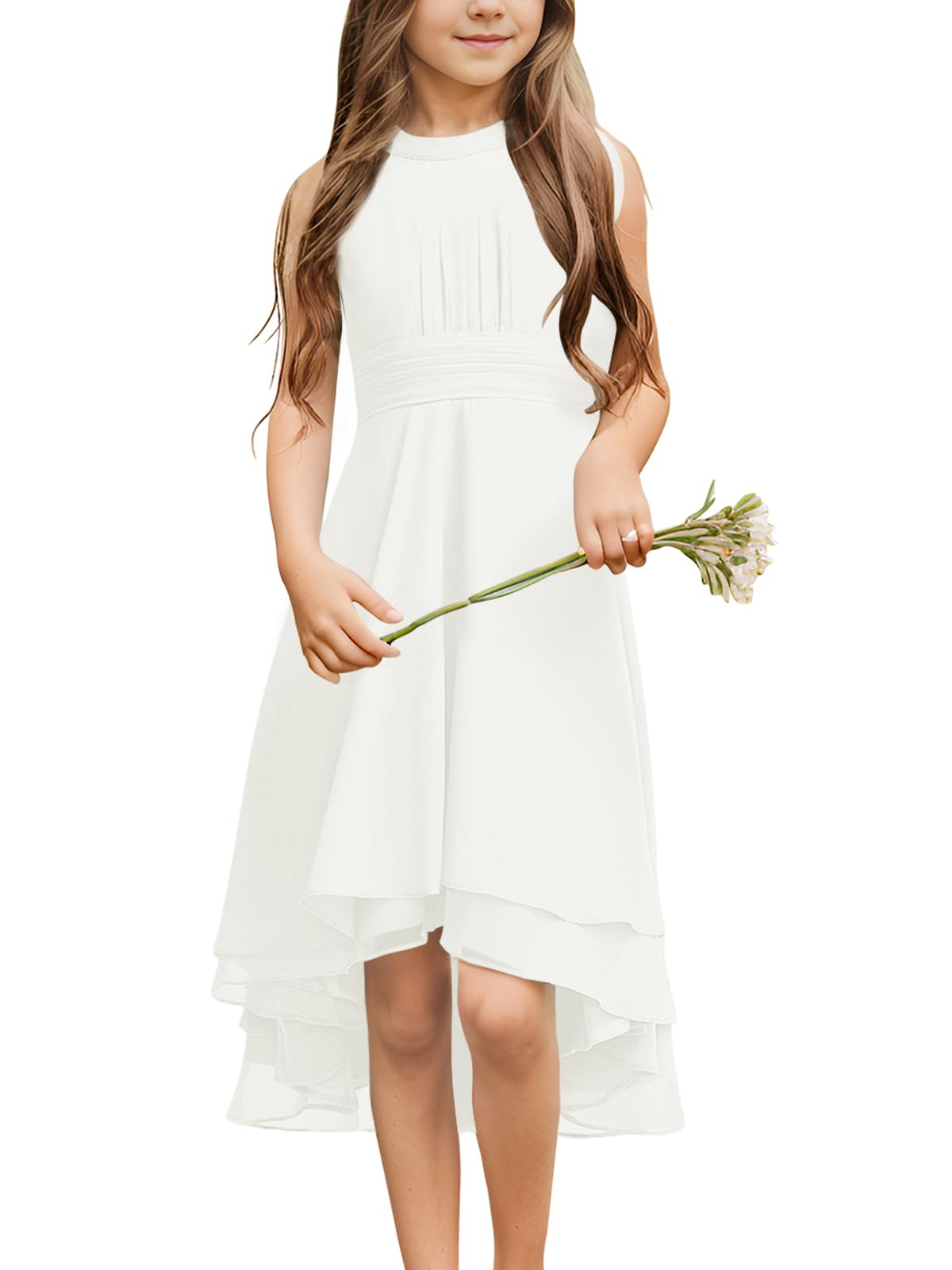 Chiffon Flowy Dresses Flower Girls Asymmetrical with Ruffles Sleveless Swing Party Gowns A-Line Dress…