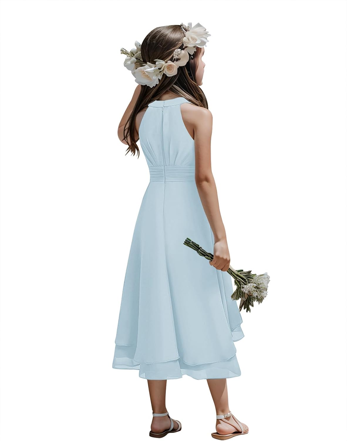 Chiffon Flowy Dresses Flower Girls Asymmetrical with Ruffles Sleveless Swing Party Gowns A-Line Dress…