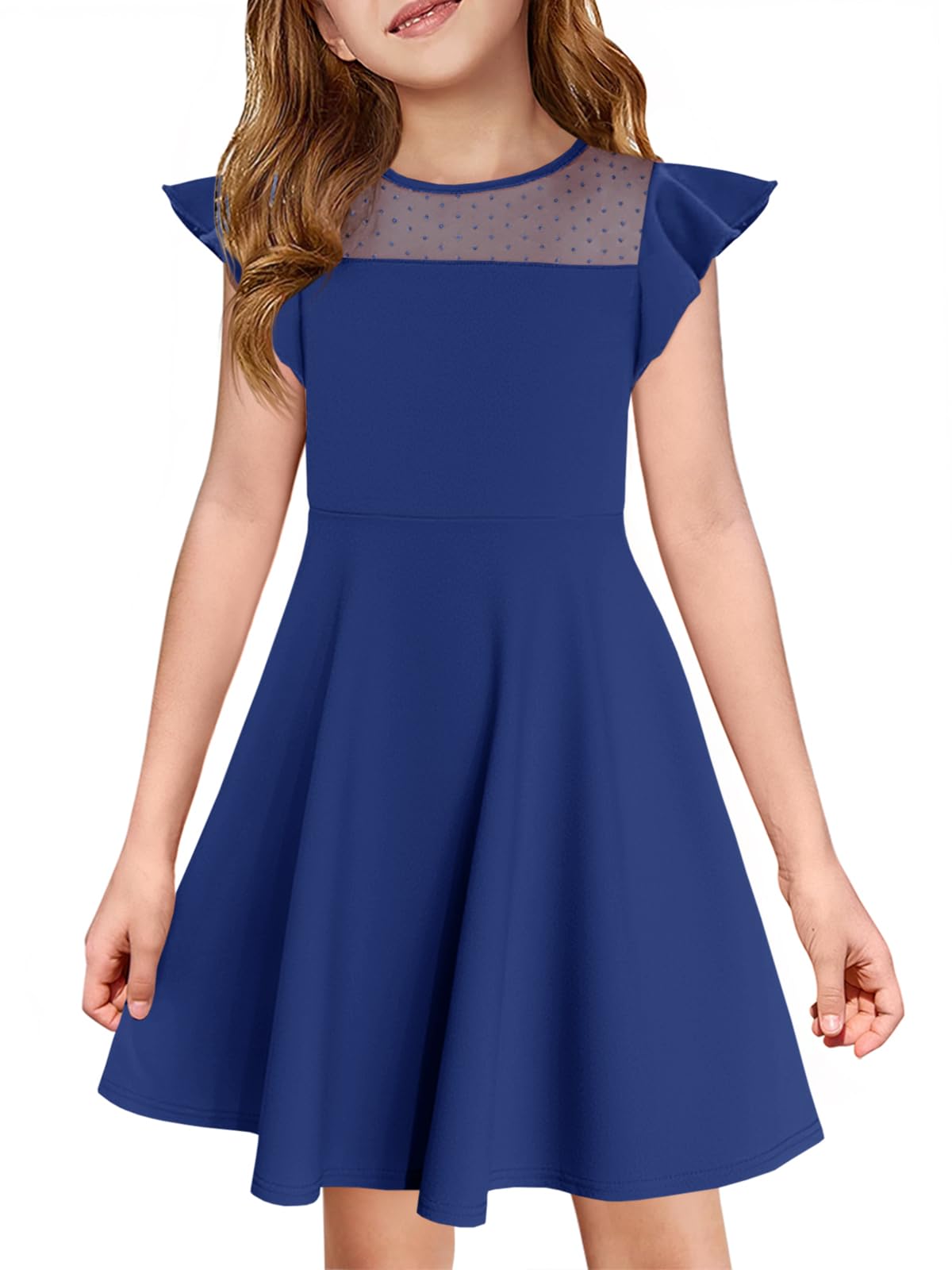 Haloumoning Girls Dress Summer Ruffle Sleeve Mesh A Line Casual Party Dresses with Pockets for Kids 4-14 Years