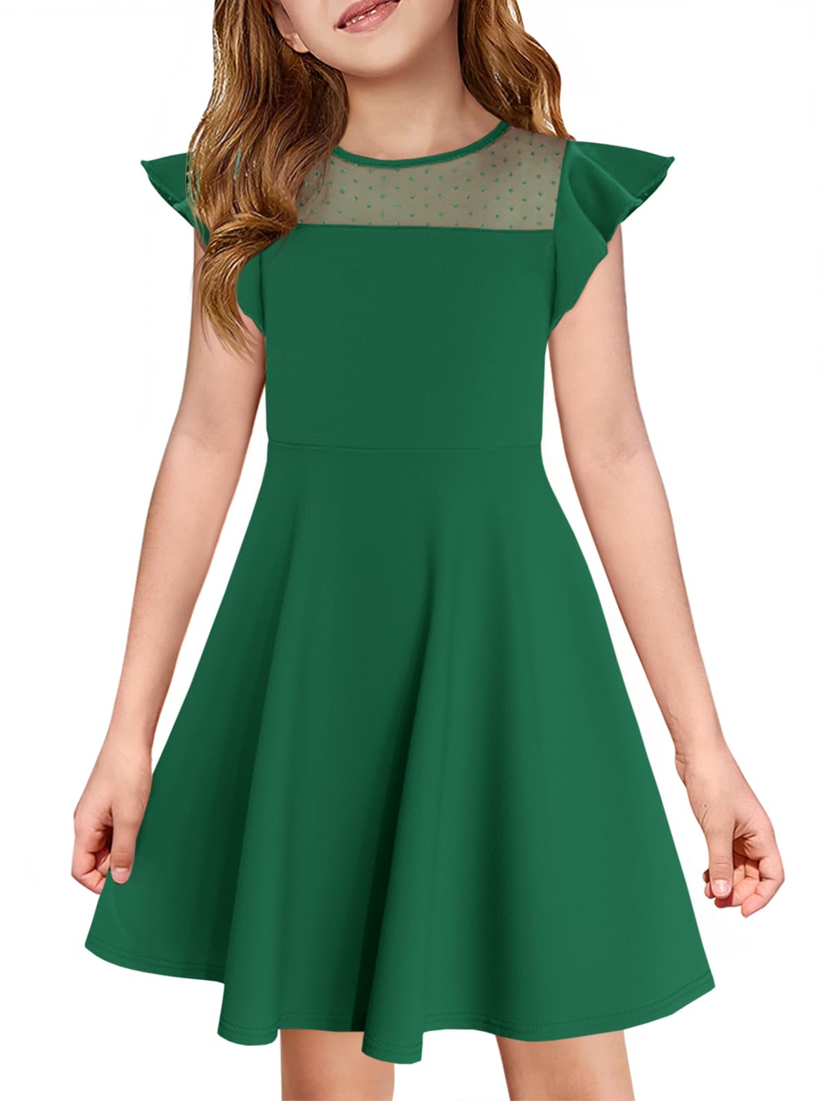 Haloumoning Girls Dress Summer Ruffle Sleeve Mesh A Line Casual Party Dresses with Pockets for Kids 4-14 Years