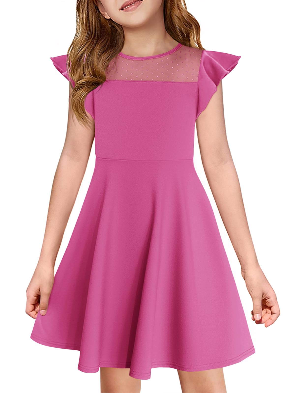 Haloumoning Girls Dress Summer Ruffle Sleeve Mesh A Line Casual Party Dresses with Pockets for Kids 4-14 Years