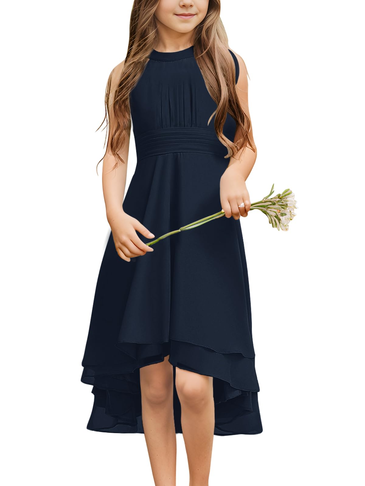 Chiffon Flowy Dresses Flower Girls Asymmetrical with Ruffles Sleveless Swing Party Gowns A-Line Dress…
