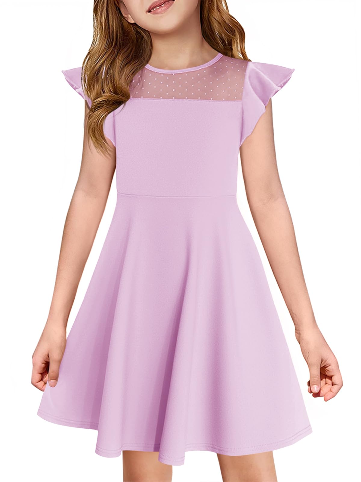 Haloumoning Girls Dress Summer Ruffle Sleeve Mesh A Line Casual Party Dresses with Pockets for Kids 4-14 Years
