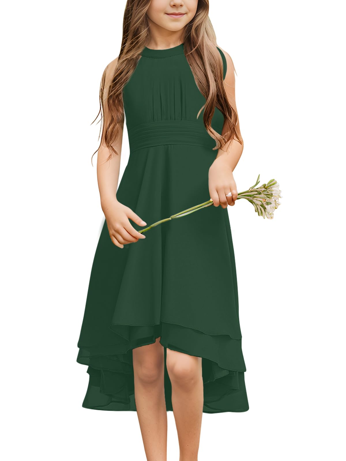 Chiffon Flowy Dresses Flower Girls Asymmetrical with Ruffles Sleveless Swing Party Gowns A-Line Dress…