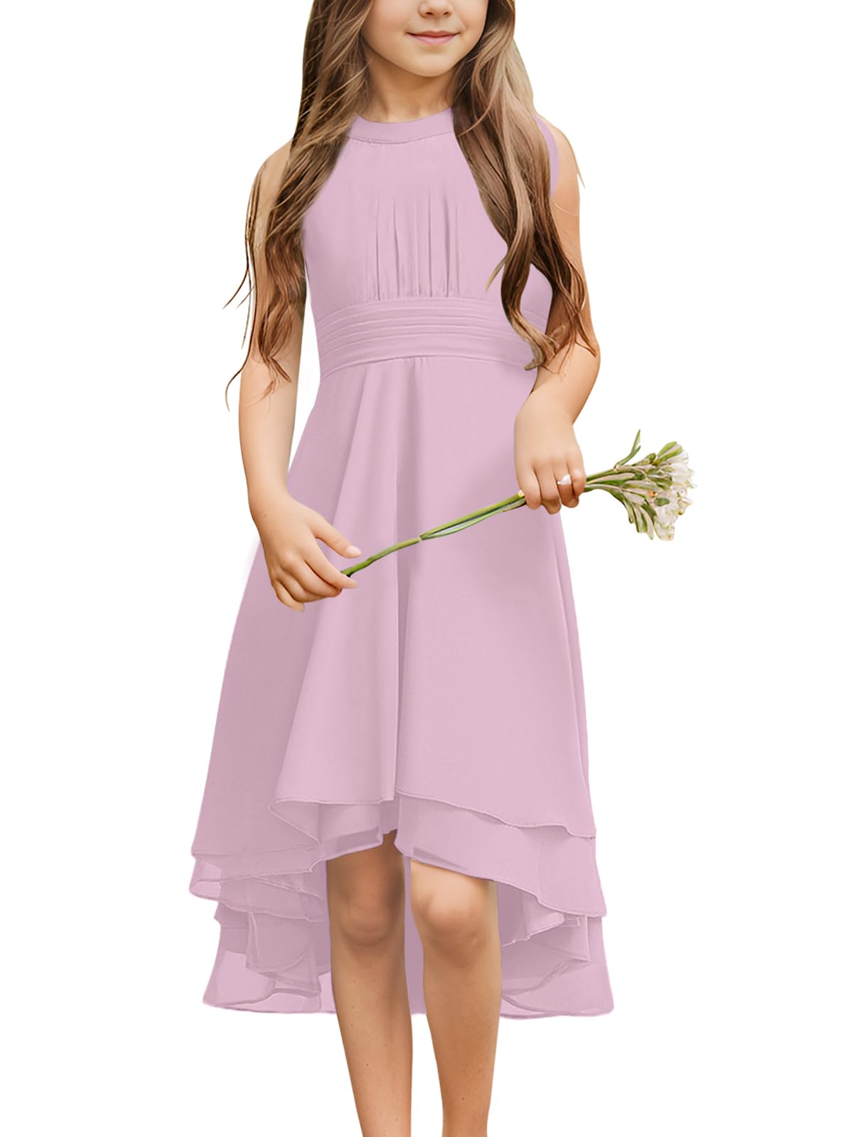 Chiffon Flowy Dresses Flower Girls Asymmetrical with Ruffles Sleveless Swing Party Gowns A-Line Dress…