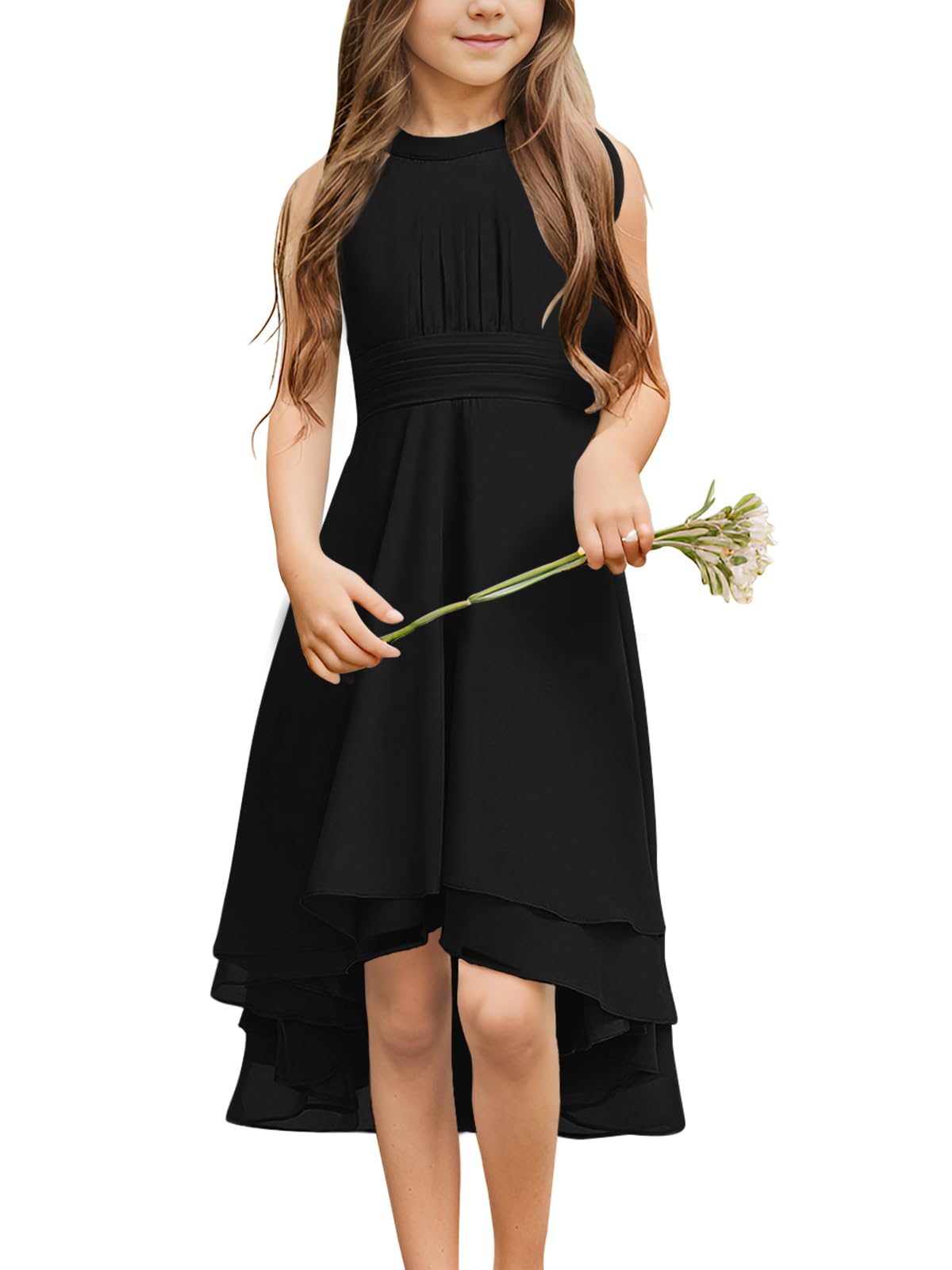 Chiffon Flowy Dresses Flower Girls Asymmetrical with Ruffles Sleveless Swing Party Gowns A-Line Dress…