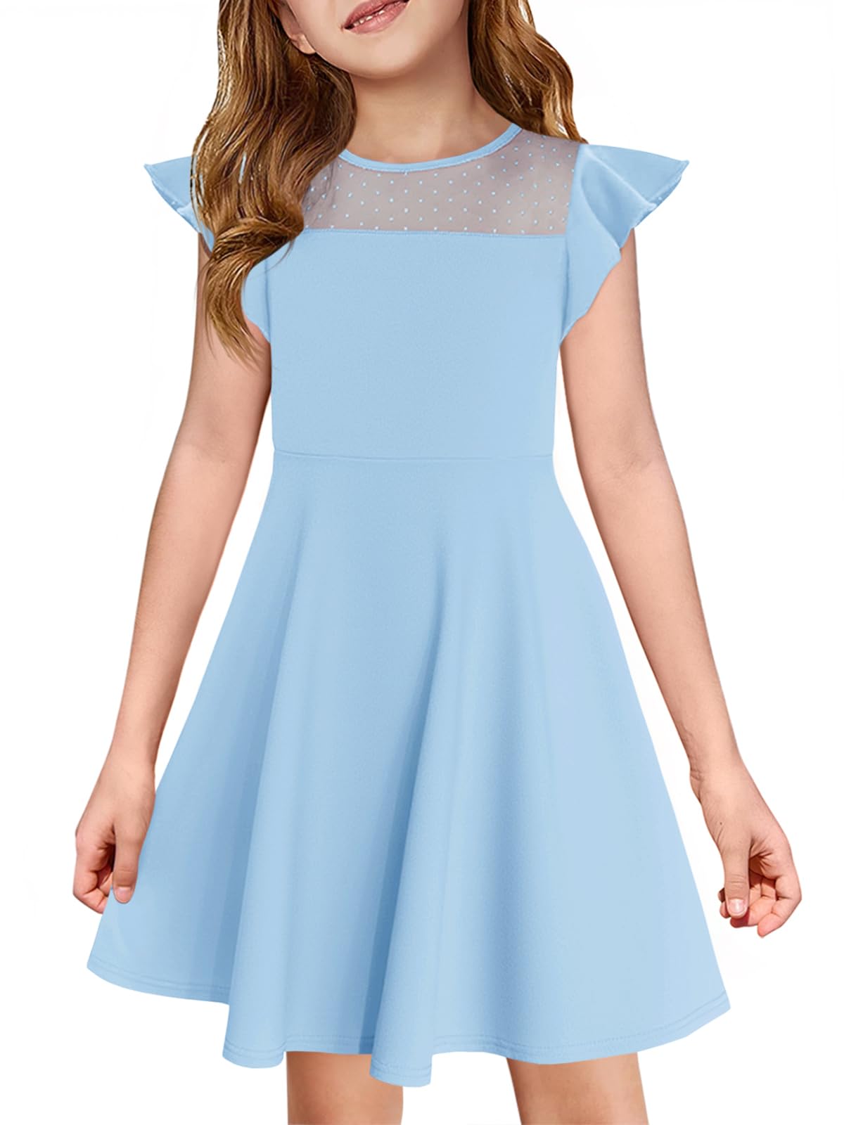 Haloumoning Girls Dress Summer Ruffle Sleeve Mesh A Line Casual Party Dresses with Pockets for Kids 4-14 Years