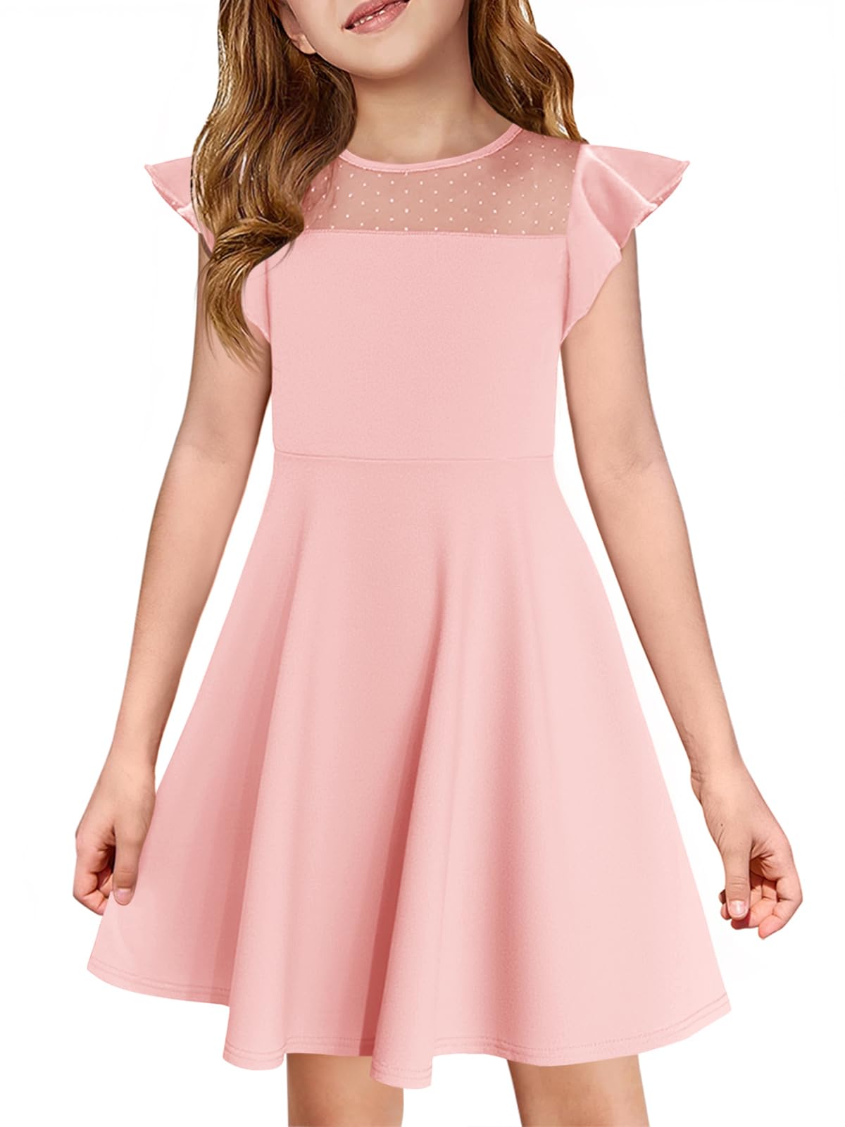 Haloumoning Girls Dress Summer Ruffle Sleeve Mesh A Line Casual Party Dresses with Pockets for Kids 4-14 Years