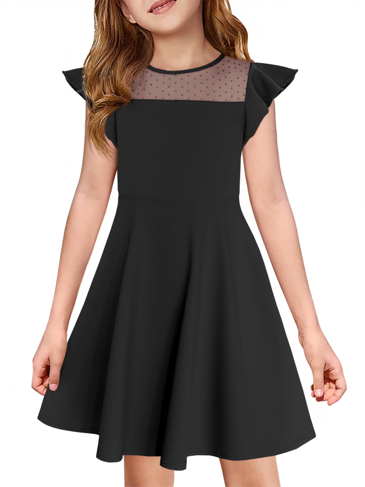 Haloumoning Girls Dress Summer Ruffle Sleeve Mesh A Line Casual Party Dresses with Pockets for Kids 4-14 Years