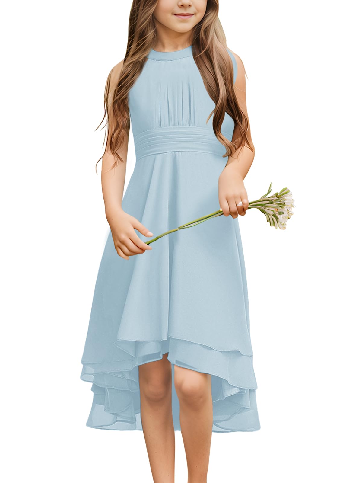 Chiffon Flowy Dresses Flower Girls Asymmetrical with Ruffles Sleveless Swing Party Gowns A-Line Dress…