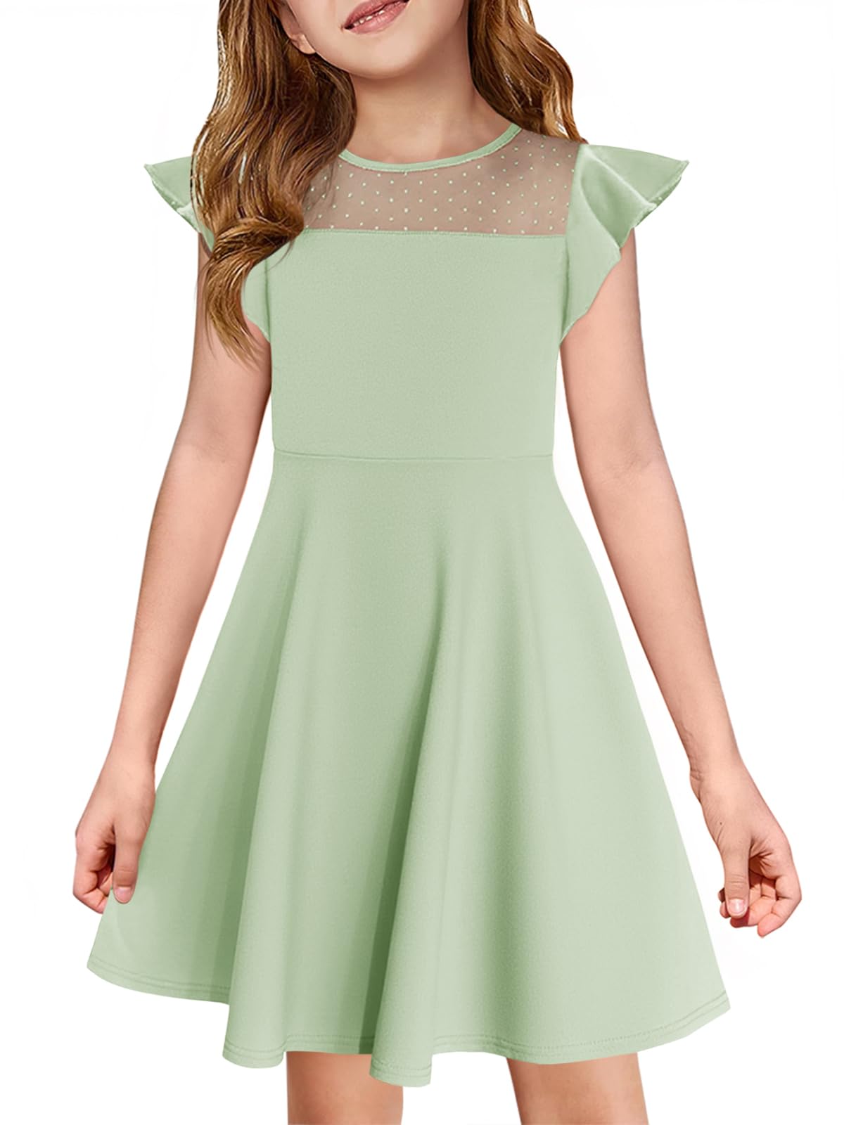 Haloumoning Girls Dress Summer Ruffle Sleeve Mesh A Line Casual Party Dresses with Pockets for Kids 4-14 Years