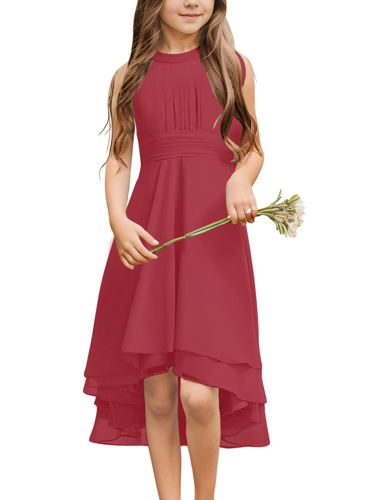 Chiffon Flowy Dresses Flower Girls Asymmetrical with Ruffles Sleveless Swing Party Gowns A-Line Dress…