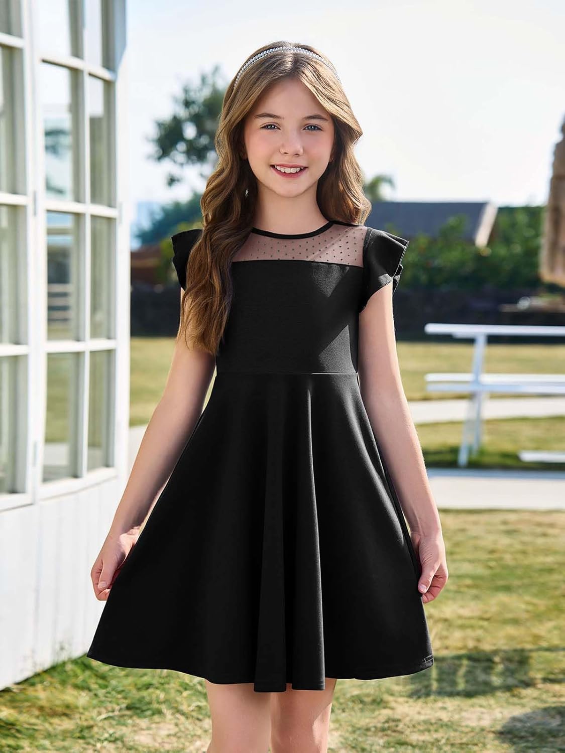 Haloumoning Girls Dress Summer Ruffle Sleeve Mesh A Line Casual Party Dresses with Pockets for Kids 4-14 Years