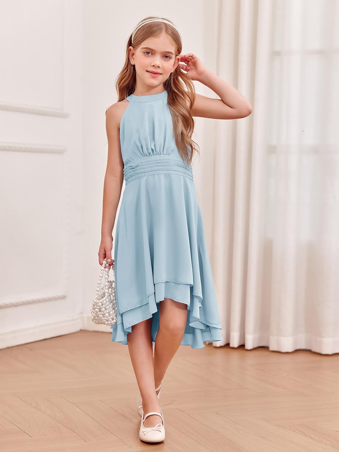Chiffon Flowy Dresses Flower Girls Asymmetrical with Ruffles Sleveless Swing Party Gowns A-Line Dress…