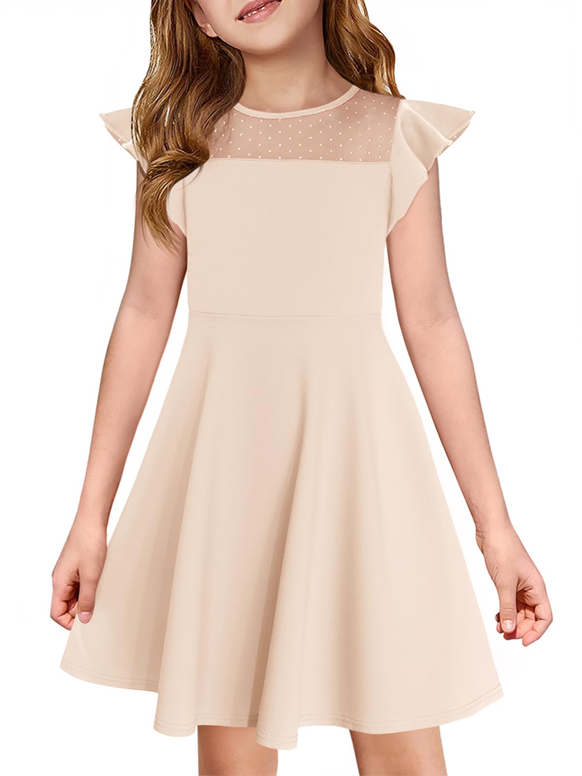 Haloumoning Girls Dress Summer Ruffle Sleeve Mesh A Line Casual Party Dresses with Pockets for Kids 4-14 Years