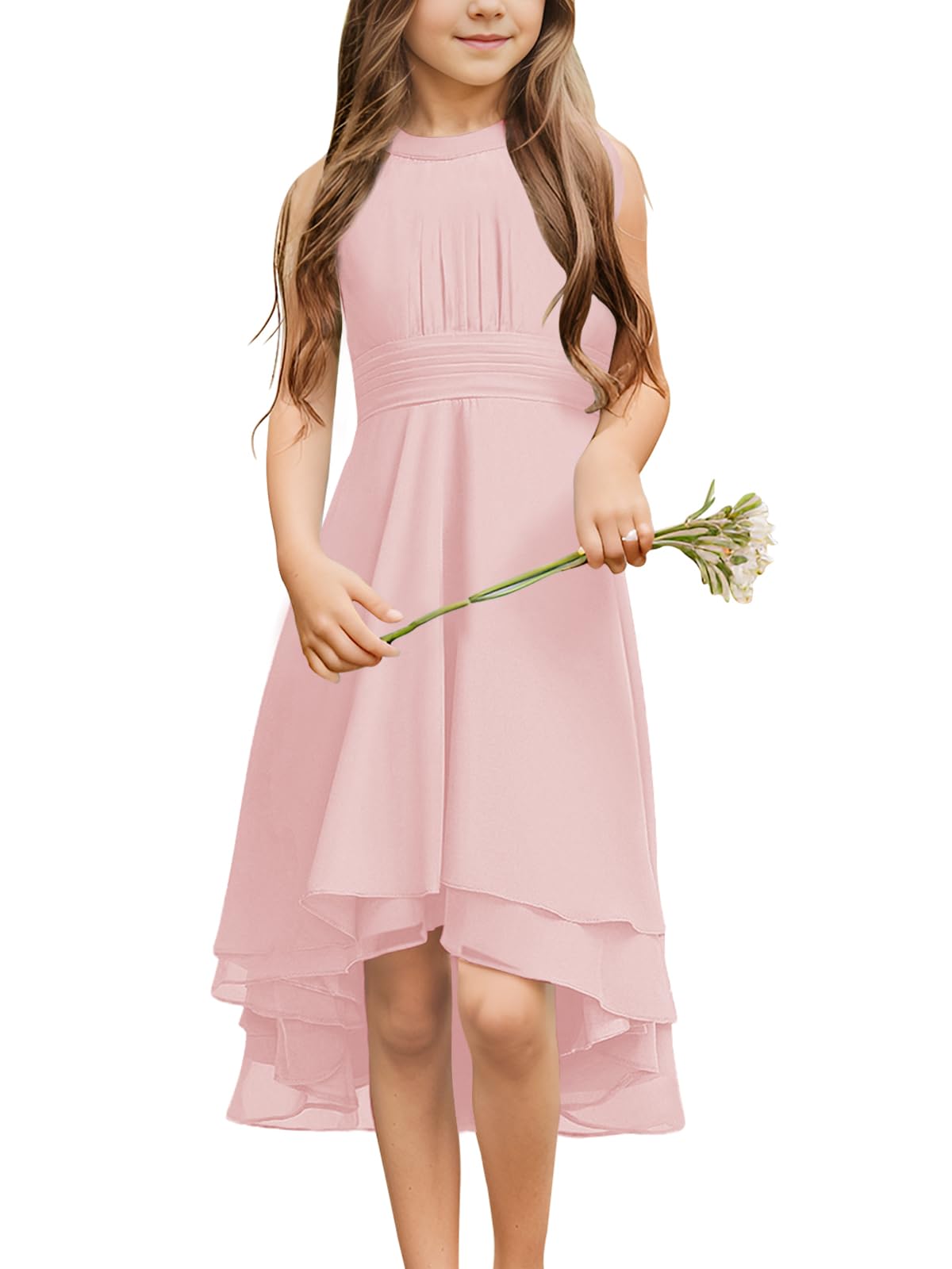 Chiffon Flowy Dresses Flower Girls Asymmetrical with Ruffles Sleveless Swing Party Gowns A-Line Dress…