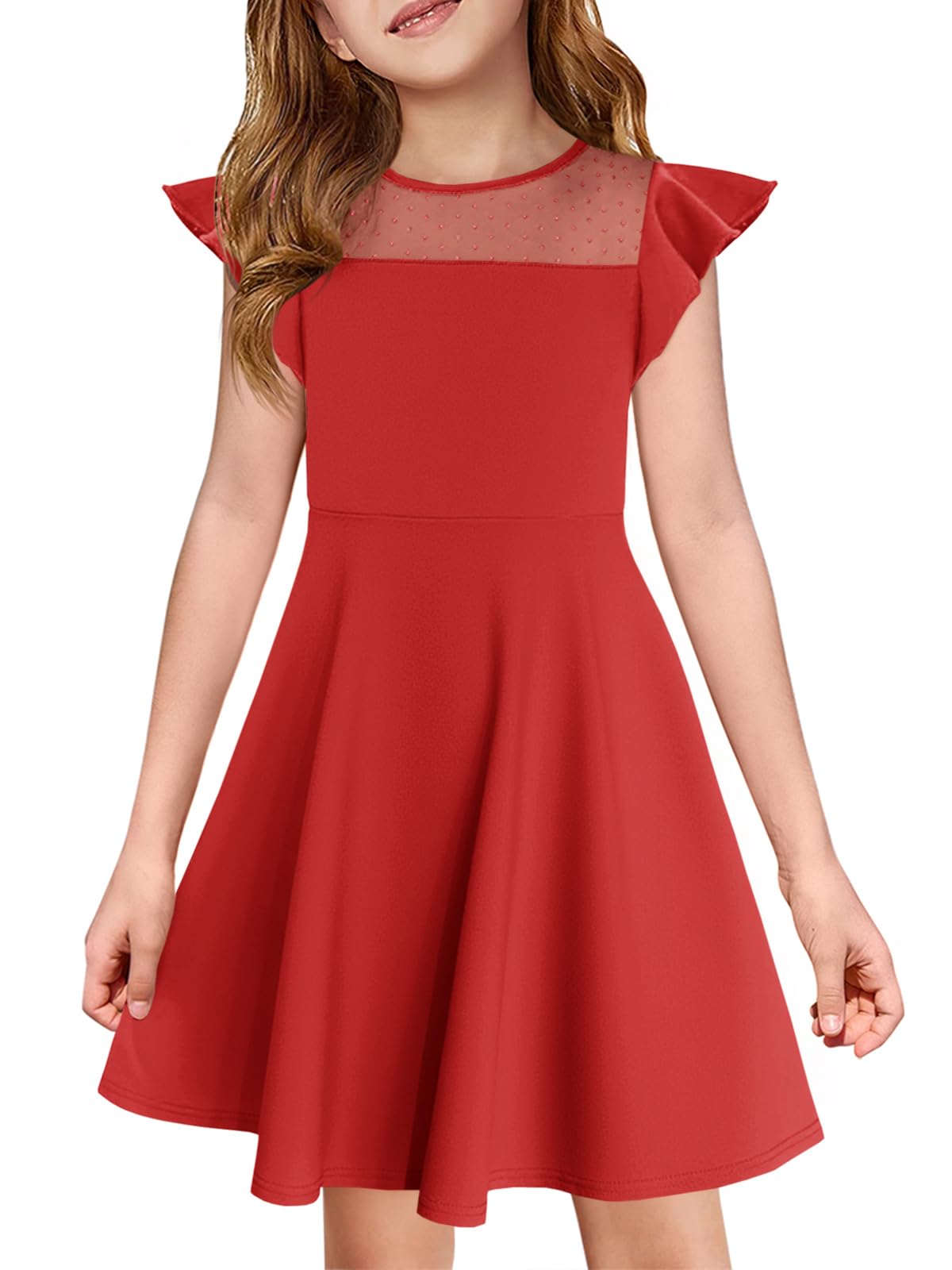 Haloumoning Girls Dress Summer Ruffle Sleeve Mesh A Line Casual Party Dresses with Pockets for Kids 4-14 Years