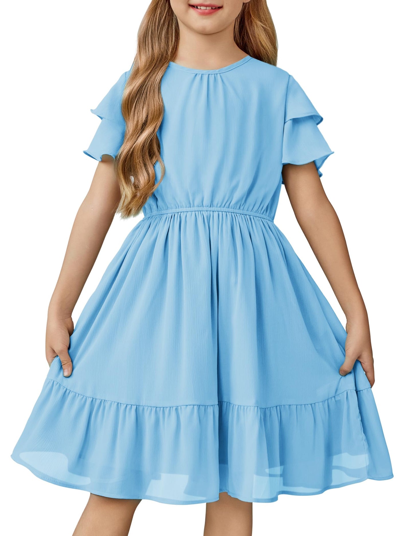 Arshiner Girls Dresses Formal Ruffle Sleeve Elegant Chiffon Party Pleated Casual Swing Dress with Pockets for 5-12 Years