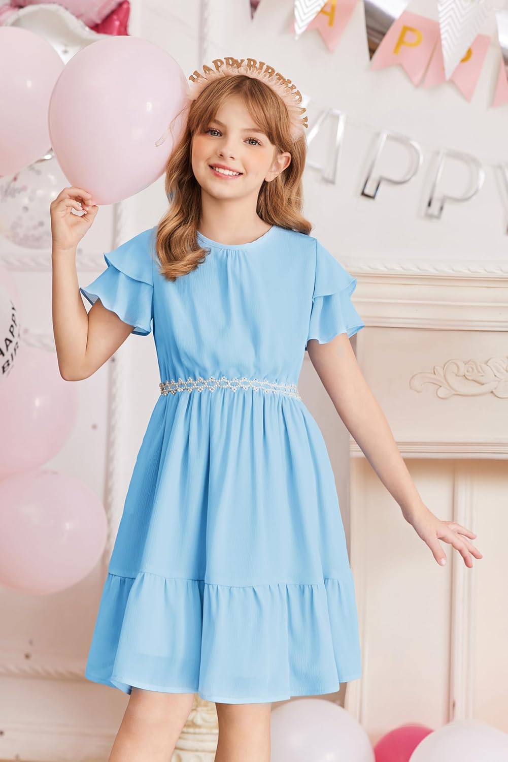 Arshiner Girls Dresses Formal Ruffle Sleeve Elegant Chiffon Party Pleated Casual Swing Dress with Pockets for 5-12 Years