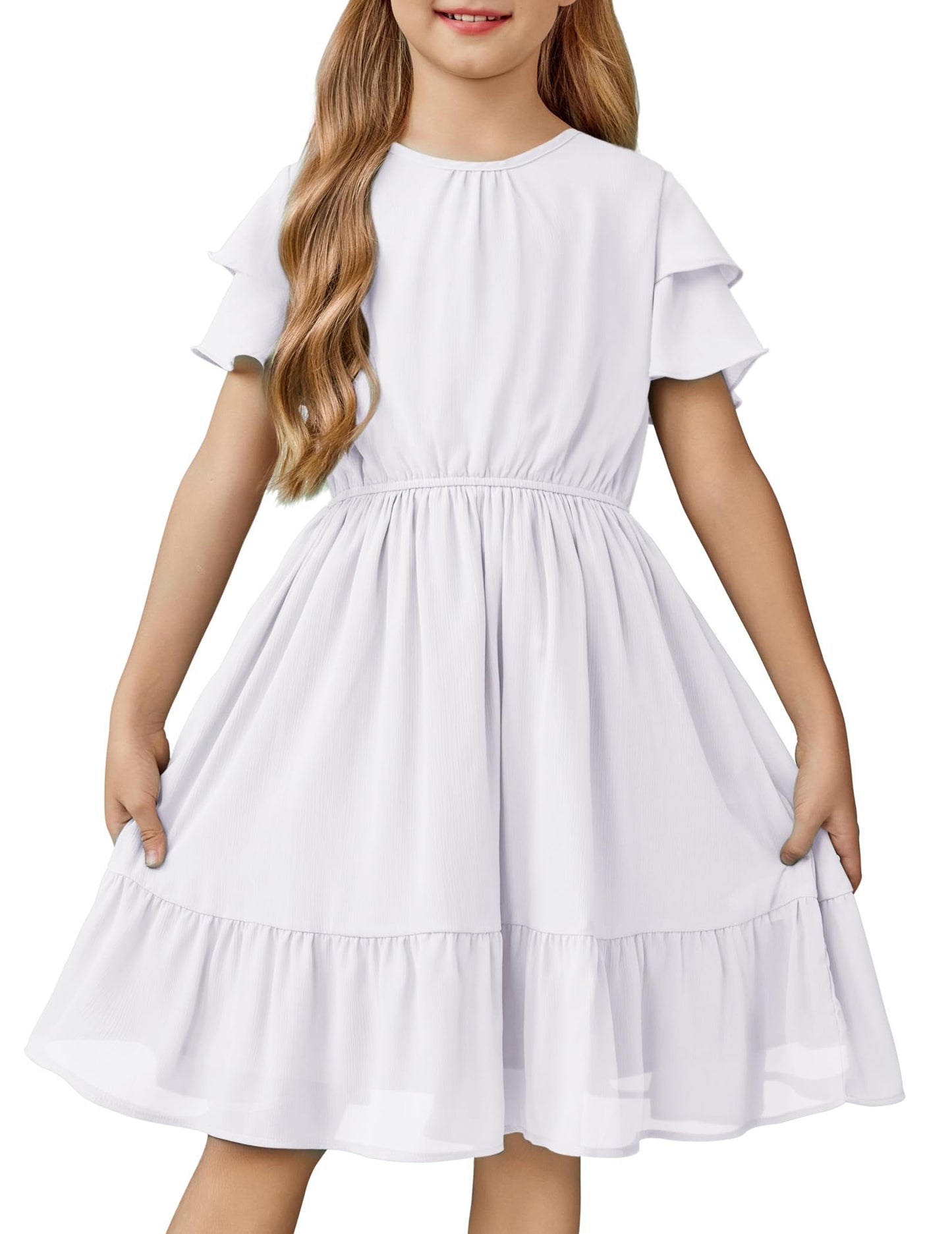 Arshiner Girls Dresses Formal Ruffle Sleeve Elegant Chiffon Party Pleated Casual Swing Dress with Pockets for 5-12 Years