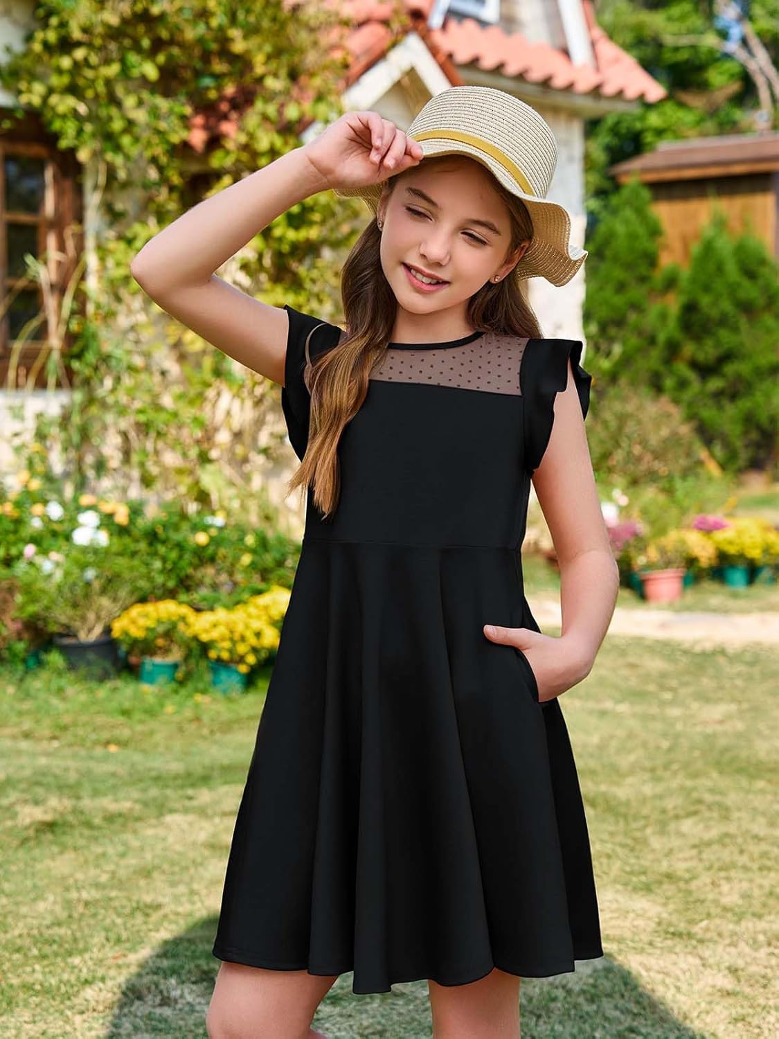 Haloumoning Girls Dress Summer Ruffle Sleeve Mesh A Line Casual Party Dresses with Pockets for Kids 4-14 Years