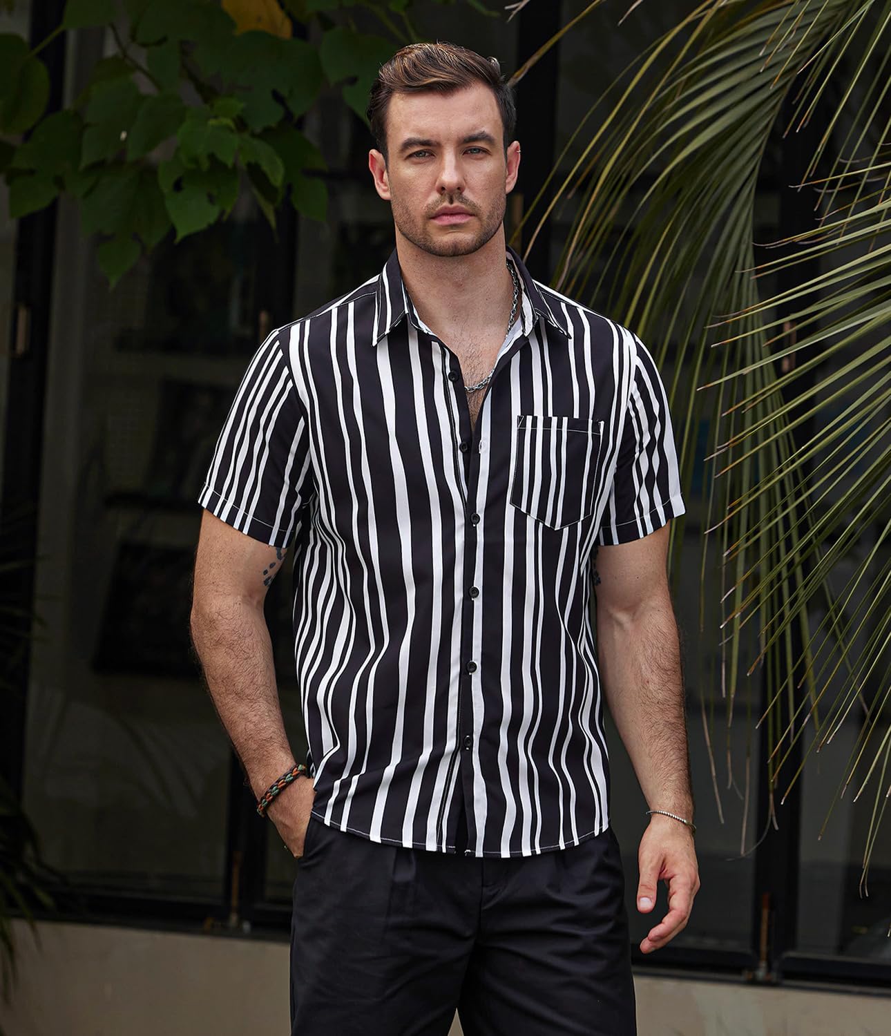 VATPAVE Mens Striped Summer Shirts Casual Button Down Short Sleeve Beach Stylish Untucked Hawaiian Shirts