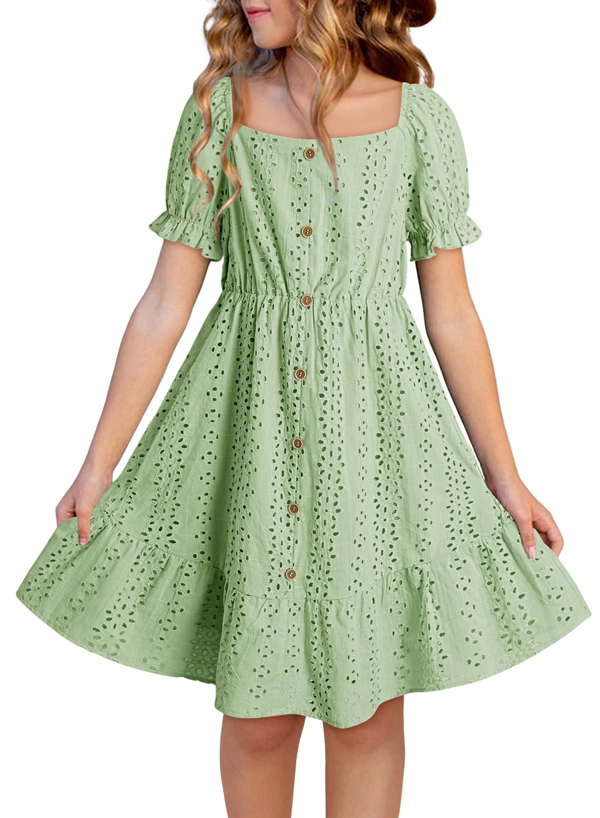 Girls Summer Dress Casual Puff Sleeve A-line Button Down Eyelet Midi Dress 6-15 Years