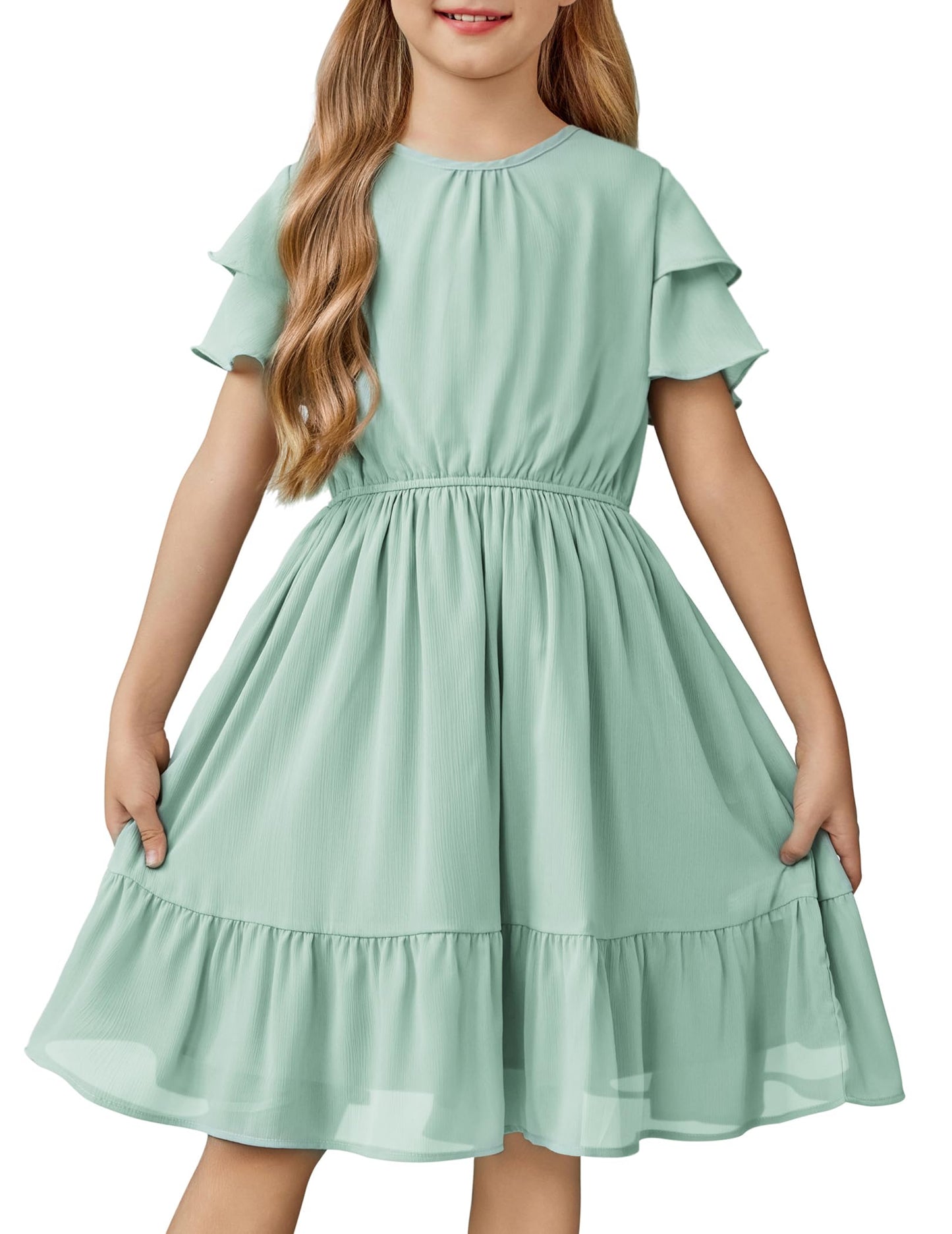 Arshiner Girls Dresses Formal Ruffle Sleeve Elegant Chiffon Party Pleated Casual Swing Dress with Pockets for 5-12 Years