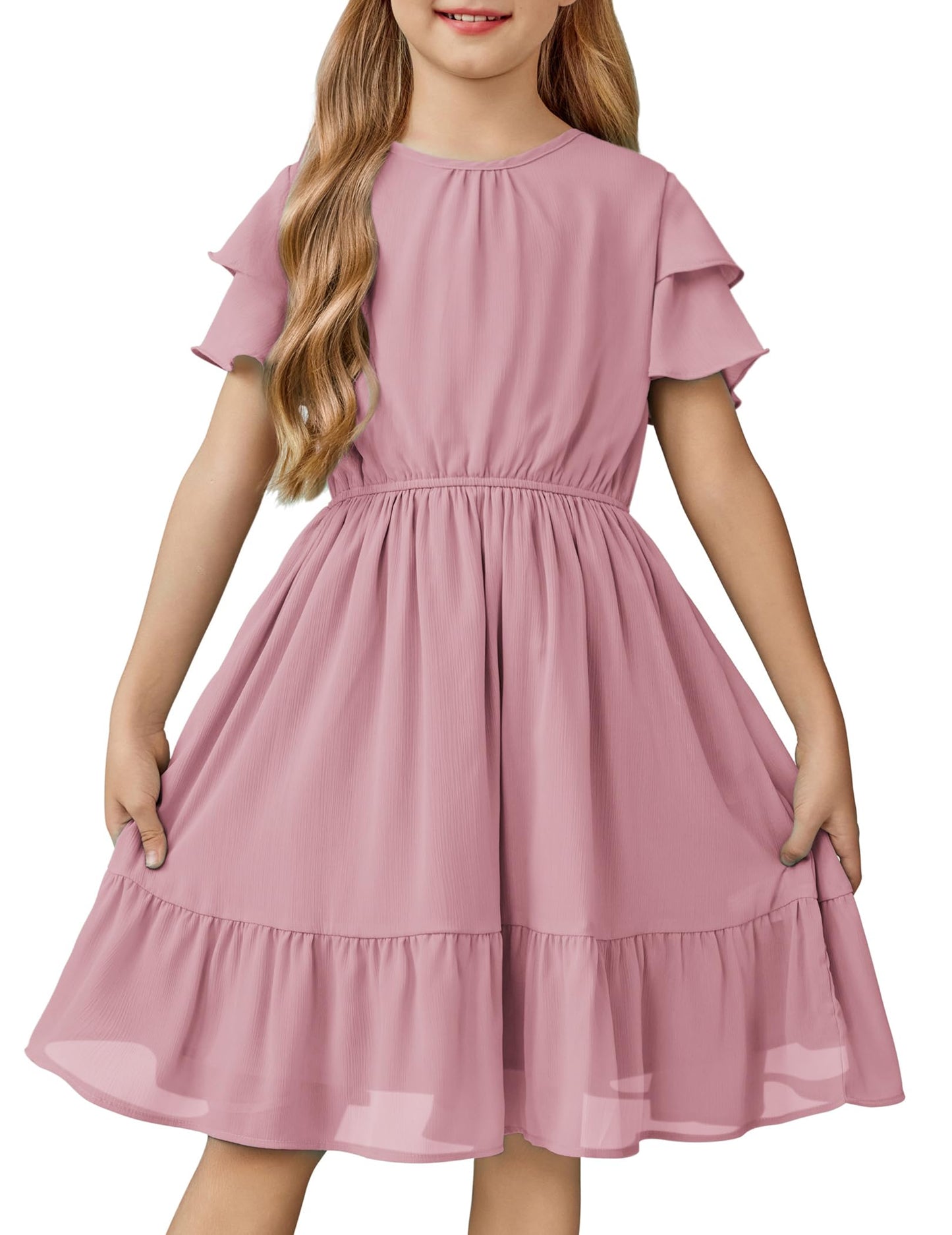 Arshiner Girls Dresses Formal Ruffle Sleeve Elegant Chiffon Party Pleated Casual Swing Dress with Pockets for 5-12 Years