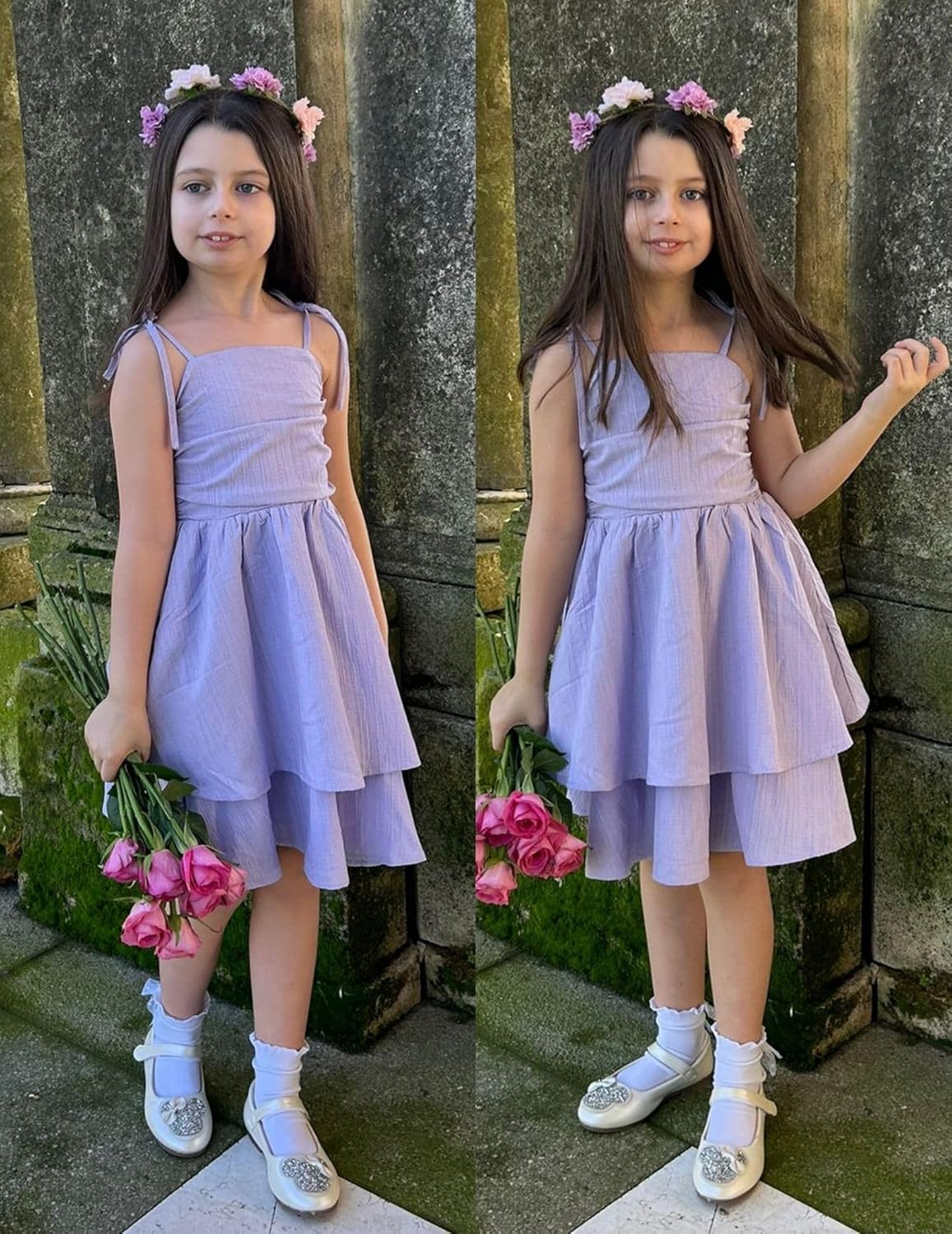 Arshiner Girls Summer Spaghetti Strap Dresses Flowy Tiered Ruched Smocked Back Casual Beach Midi Sundress