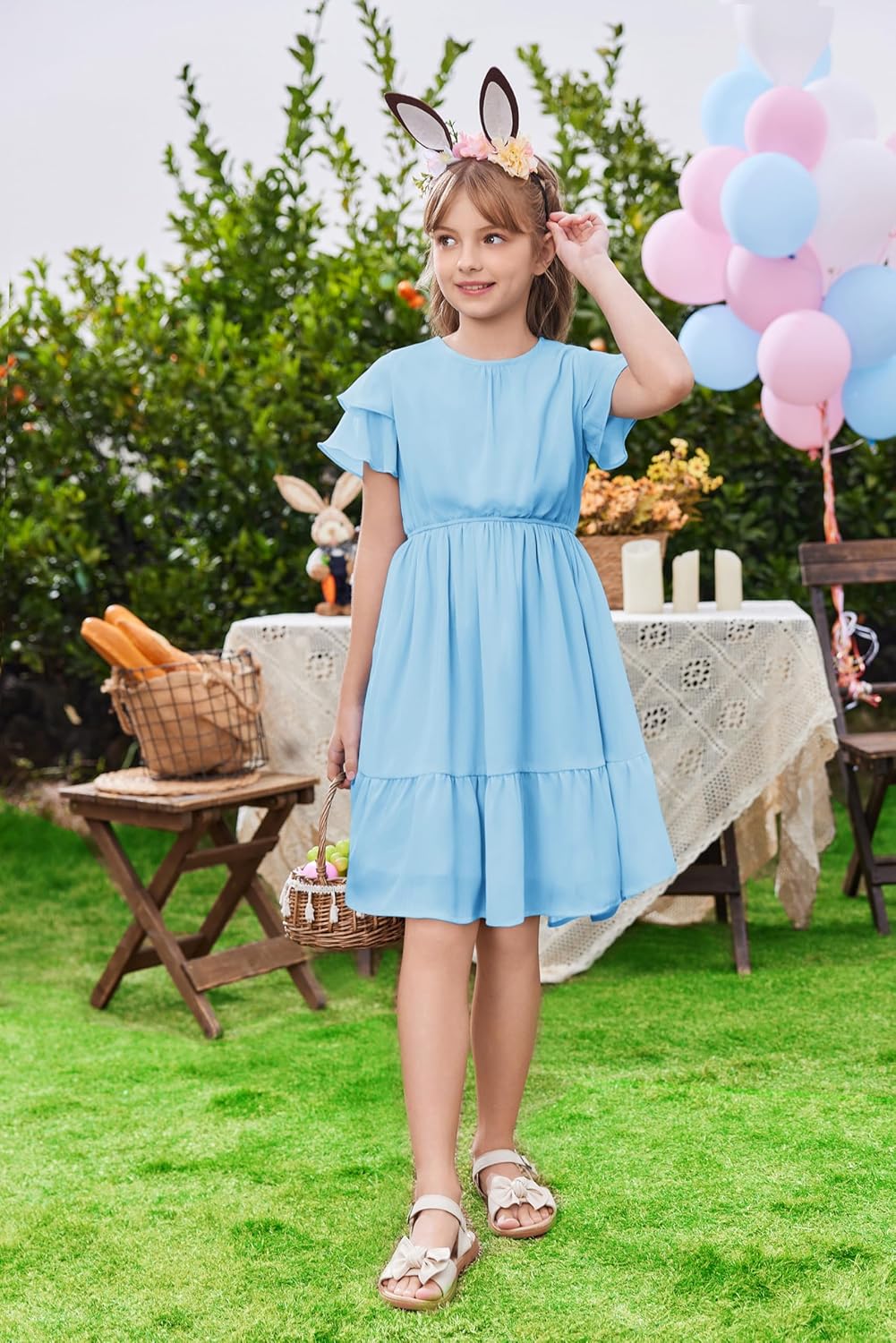 Arshiner Girls Dresses Formal Ruffle Sleeve Elegant Chiffon Party Pleated Casual Swing Dress with Pockets for 5-12 Years