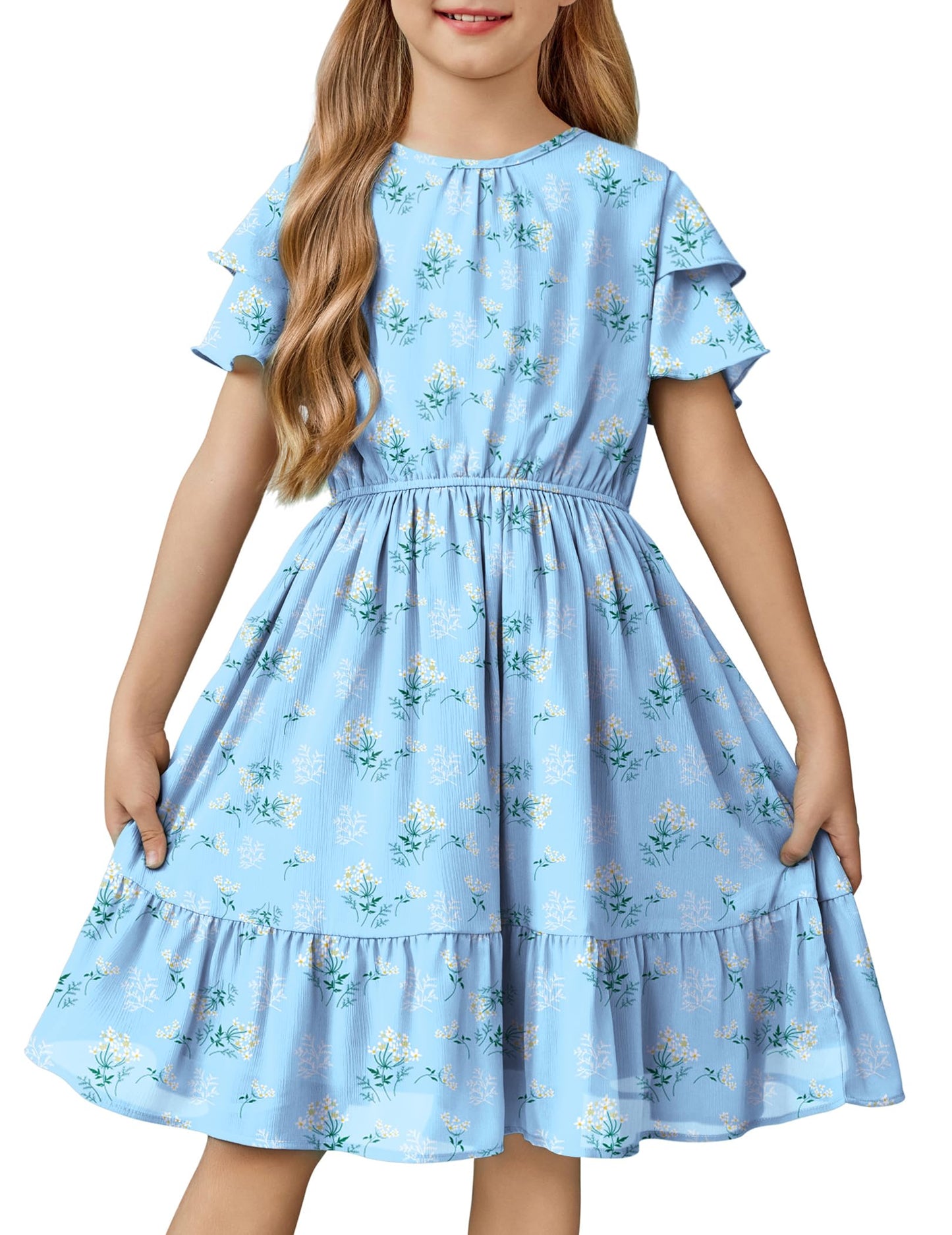 Arshiner Girls Dresses Formal Ruffle Sleeve Elegant Chiffon Party Pleated Casual Swing Dress with Pockets for 5-12 Years