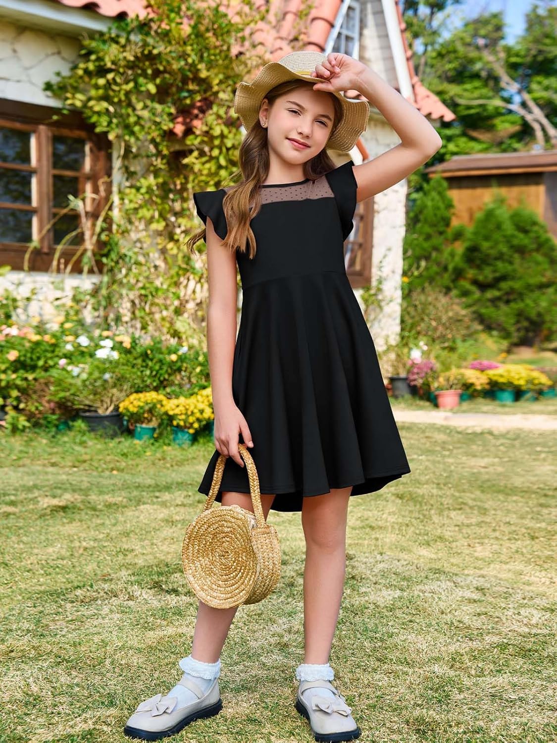 Haloumoning Girls Dress Summer Ruffle Sleeve Mesh A Line Casual Party Dresses with Pockets for Kids 4-14 Years