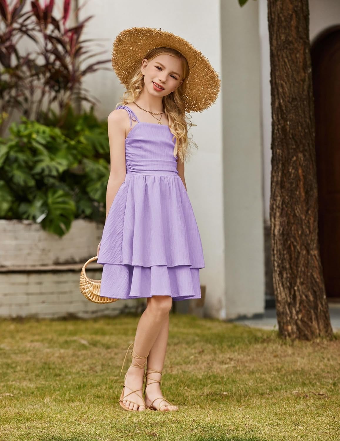 Arshiner Girls Summer Spaghetti Strap Dresses Flowy Tiered Ruched Smocked Back Casual Beach Midi Sundress