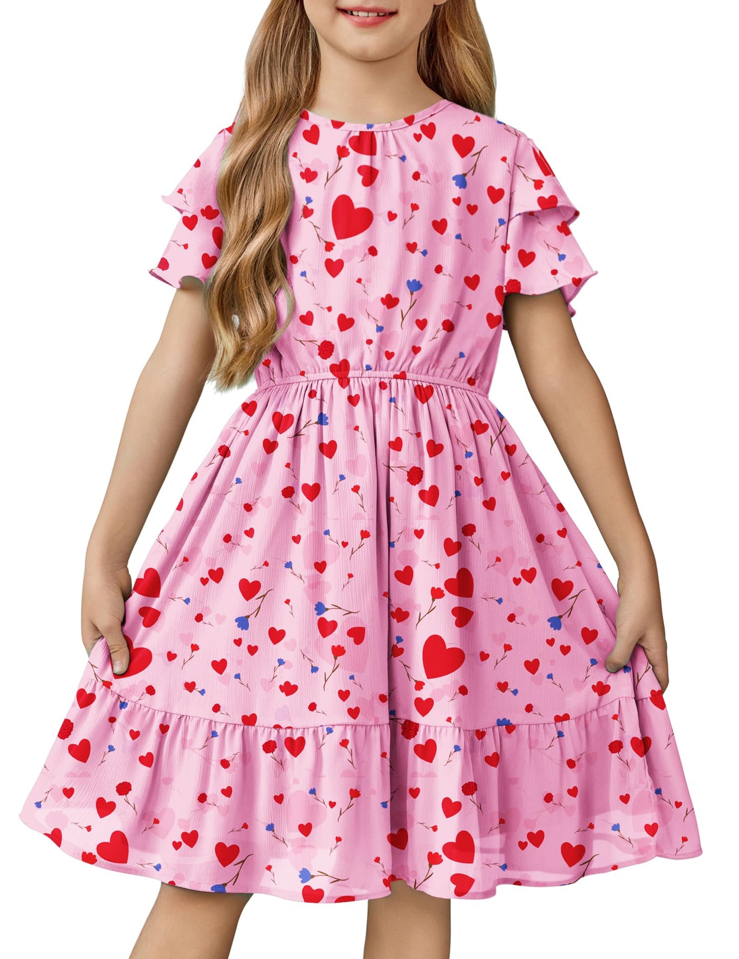 Arshiner Girls Dresses Formal Ruffle Sleeve Elegant Chiffon Party Pleated Casual Swing Dress with Pockets for 5-12 Years