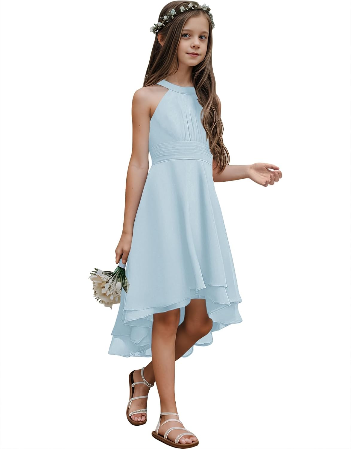 Chiffon Flowy Dresses Flower Girls Asymmetrical with Ruffles Sleveless Swing Party Gowns A-Line Dress…