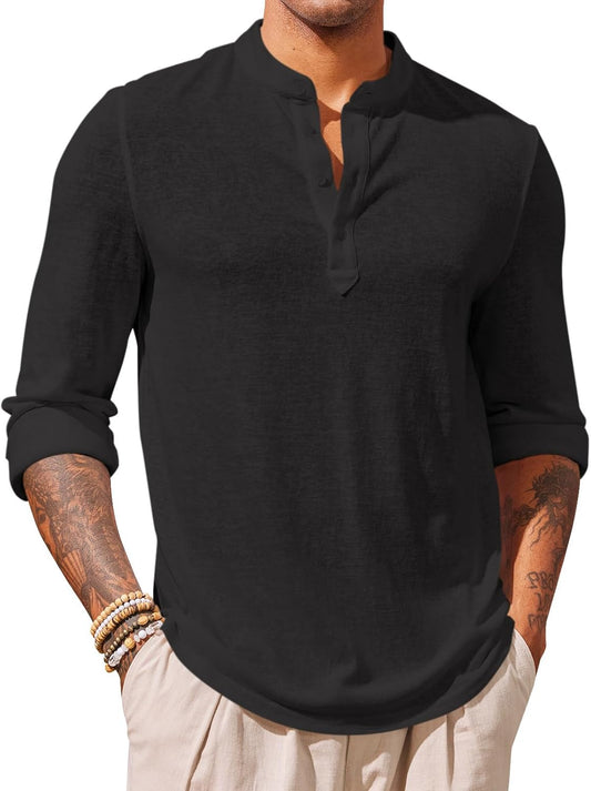 Runcati Men's Henley Shirts Long Sleeve Roll Up Cotton Hippie Shirt Casual Summer Beach Tops