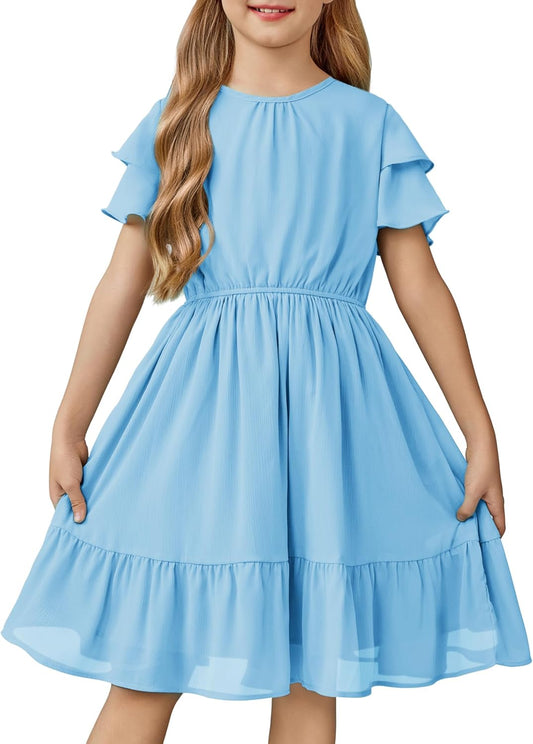 Arshiner Girls Dresses Formal Ruffle Sleeve Elegant Chiffon Party Pleated Casual Swing Dress with Pockets for 5-12 Years