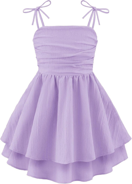 Arshiner Girls Summer Spaghetti Strap Dresses Flowy Tiered Ruched Smocked Back Casual Beach Midi Sundress