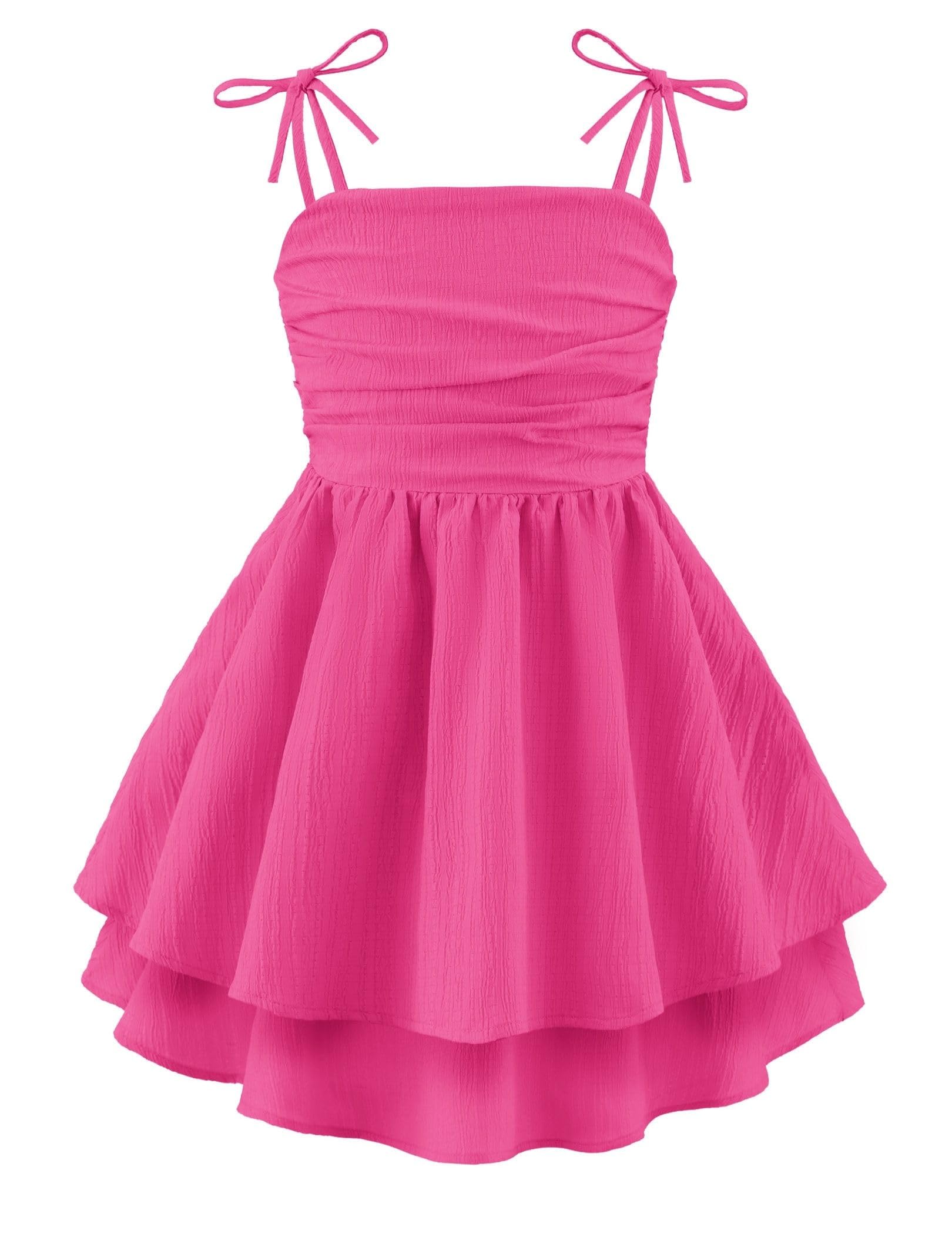 Arshiner Girls Summer Spaghetti Strap Dresses Flowy Tiered Ruched Smocked Back Casual Beach Midi Sundress