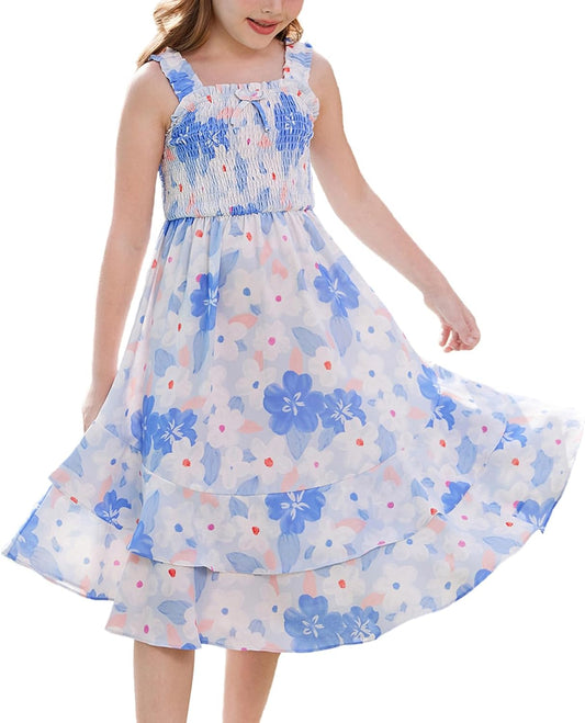 GRACE KARIN Girls Floral Maxi Dress Square Neck Wide Straps Smocked Summer Spring Flowy Dress 5-14Y