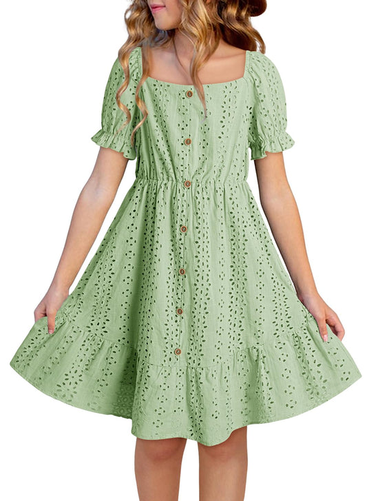 Girls Summer Dress Casual Puff Sleeve A-line Button Down Eyelet Midi Dress 6-15 Years