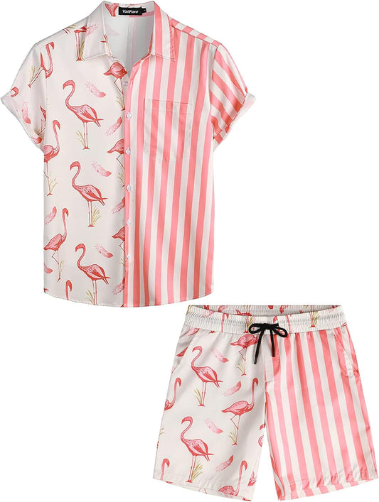 VATPAVE Mens Flamingo Hawaiian Sets Casual Short Sleeve Button Down Shirts Beach Outfits