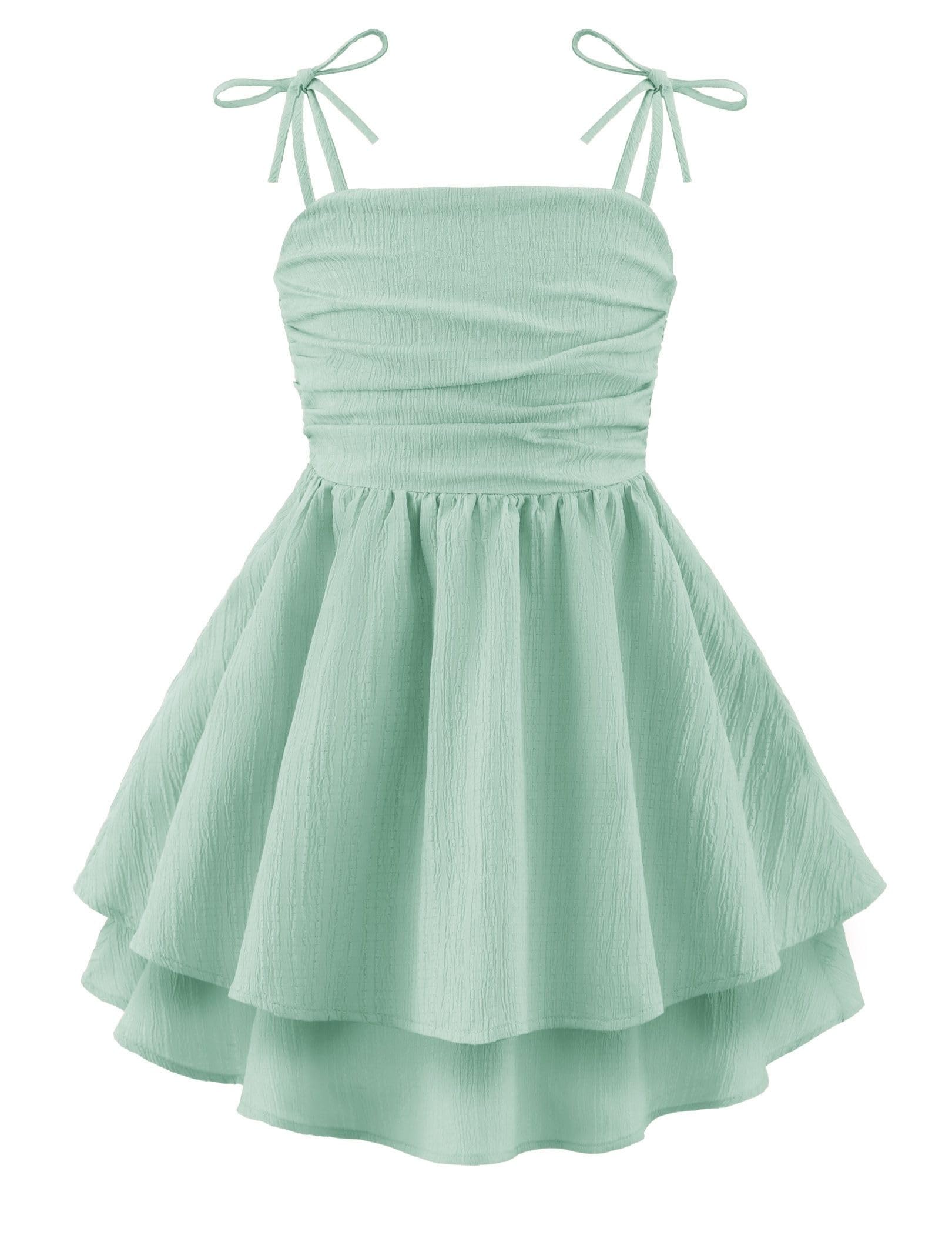 Arshiner Girls Summer Spaghetti Strap Dresses Flowy Tiered Ruched Smocked Back Casual Beach Midi Sundress