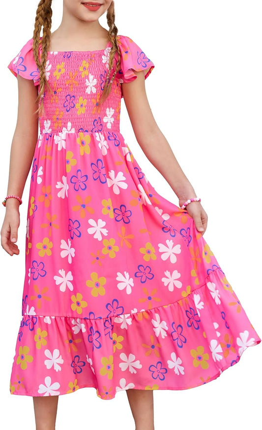 GRACE KARIN Girls Floral Dress Flutter Sleeve Square Neck Tiered Midi Dress Smocked Flared A-line Dress 5-14Y