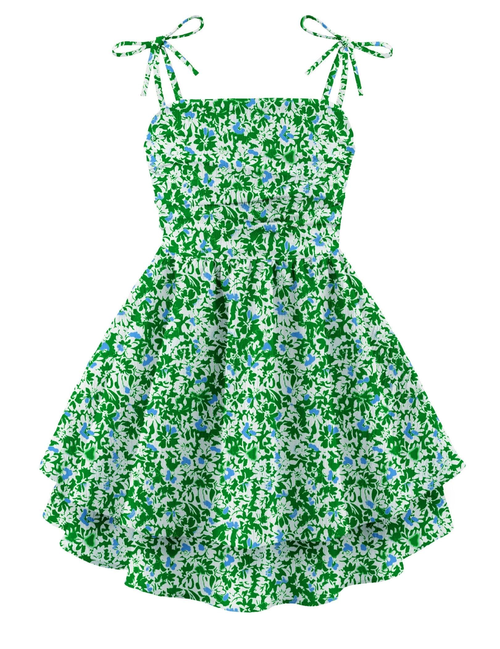 Arshiner Girls Summer Spaghetti Strap Dresses Flowy Tiered Ruched Smocked Back Casual Beach Midi Sundress